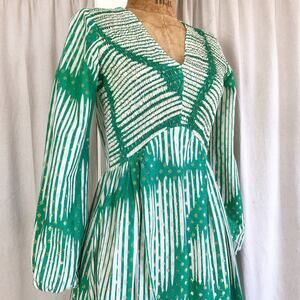 Vintage 60s Space Age Shirred Smocked Bodice Metallic Gold Dot Maxi Dress